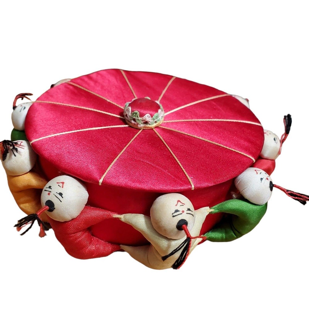 Vintage Japanese Asian Pin Cushion Red Satin 10 Children Holding Hands
